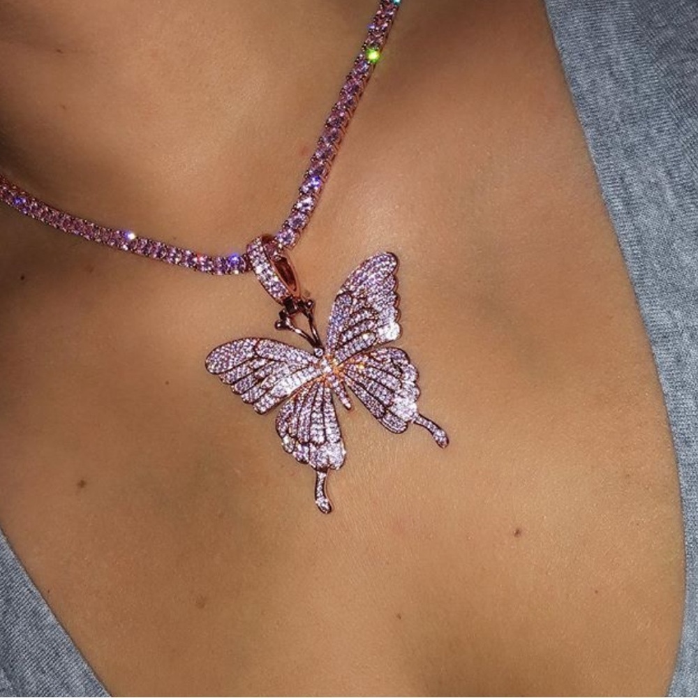 Pink Butterfly tennis Pendant Necklace 18inch - Picture 3 of 5
